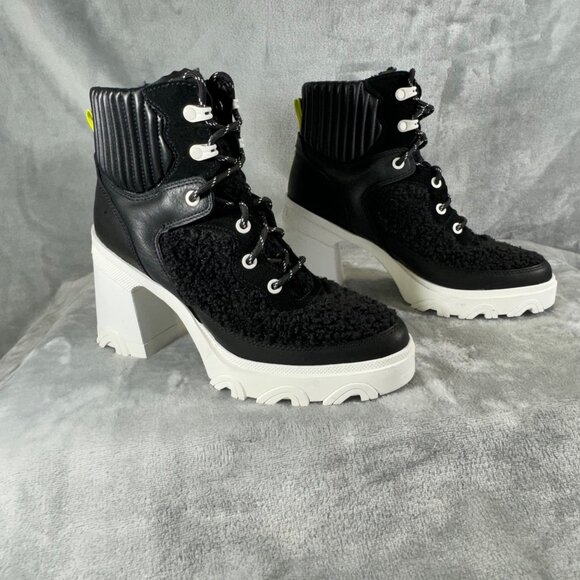Sorel Womens boots 8.5 Brex Black leather Faux shearling block heel lace-up boot - Picture 10 of 16
